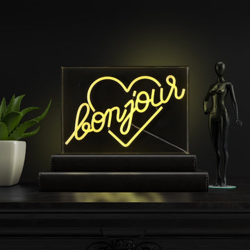 Bonjour Heart Contemporary Glam Acrylic Box USB Operated LED Neon Light - JONATHAN Y